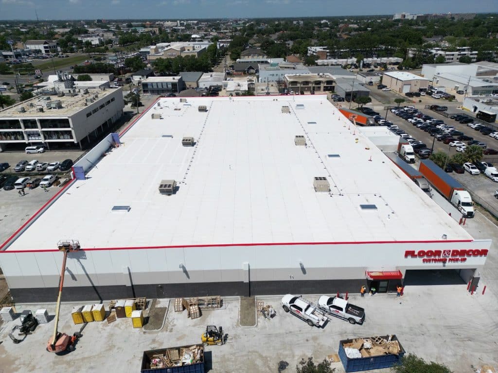 An aerial view of a large warehouse.